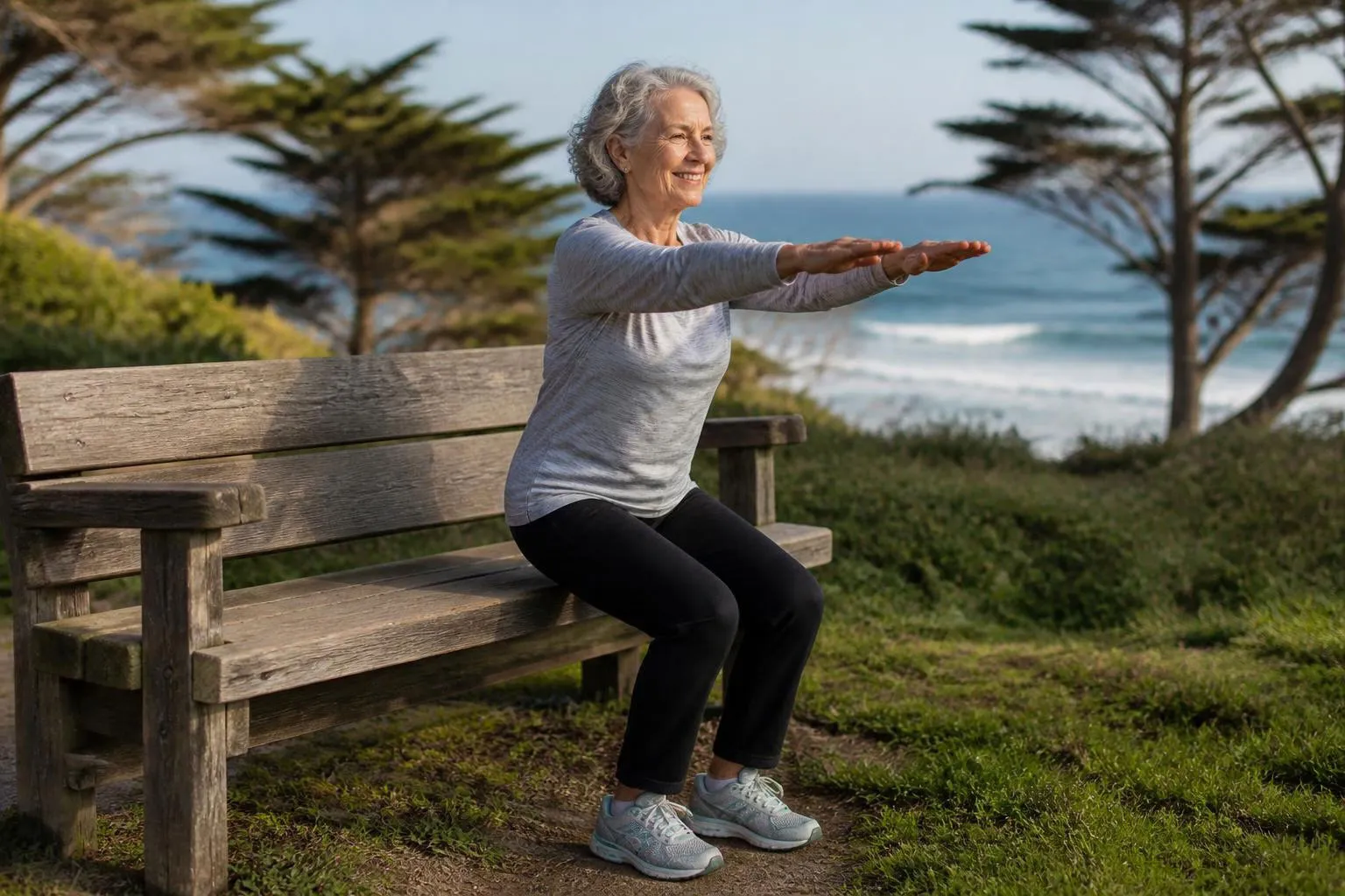 Smiling older woman with arms extended, rising from a wooden bench on a coastal bluff above the ocean
