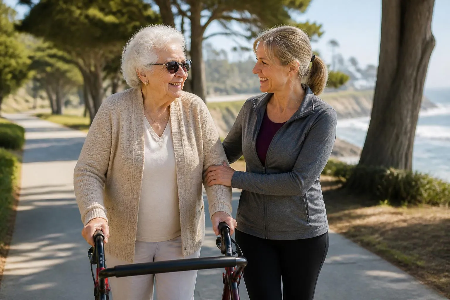 Smiling older woman walking with a rolling walker along a coastal path, with an instructor at her side